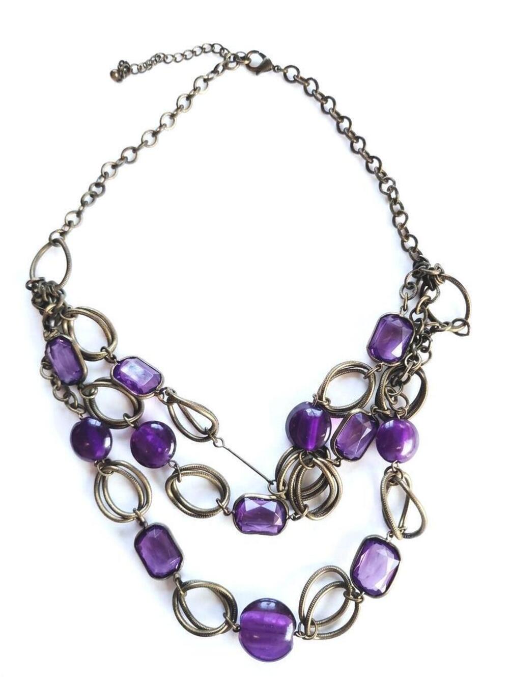 Layered Purple Beaded Statement Necklace, Antique Boho Bronze Amethyst Choker